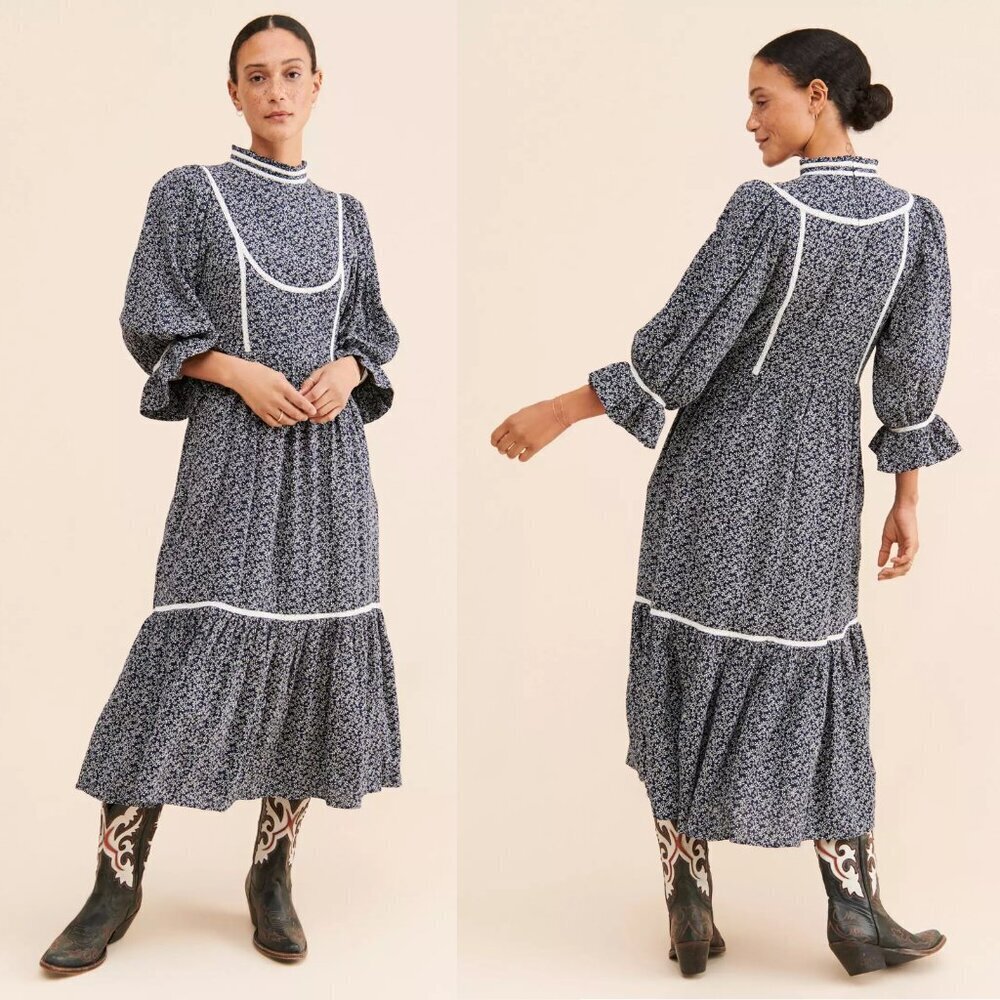 NWT New $269 Anthropologie Meadows Amaryllis Floral Navy Marin Dress Size 8